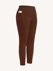 SHEIN Essnce Plus Size Women's Spring And Summer Fashion Casual Comfortable Daily High Elastic Black Slim Fit With Pocket Leggings,Spring,Women Bottom,Airport For Women,Curve Pants,Streetwear For Women,Going Out - Coffee Brown - View 6