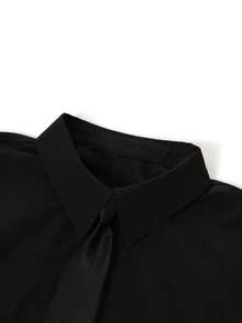 Rometta Plus Size Elegant Waist Ruched Shirt Dress - Black - View 7