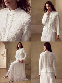 MOTF PREMIUM VESTIDO MIDI PLISADO DE GASA CON TEXTURA DE ROSA DECORATIVA PARA MUJER - Blanco - Ver 8