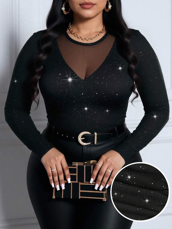 SHEIN Lady Camiseta de manga larga con cuello redondo, ajustada y con parches de malla brillante para tallas grandes