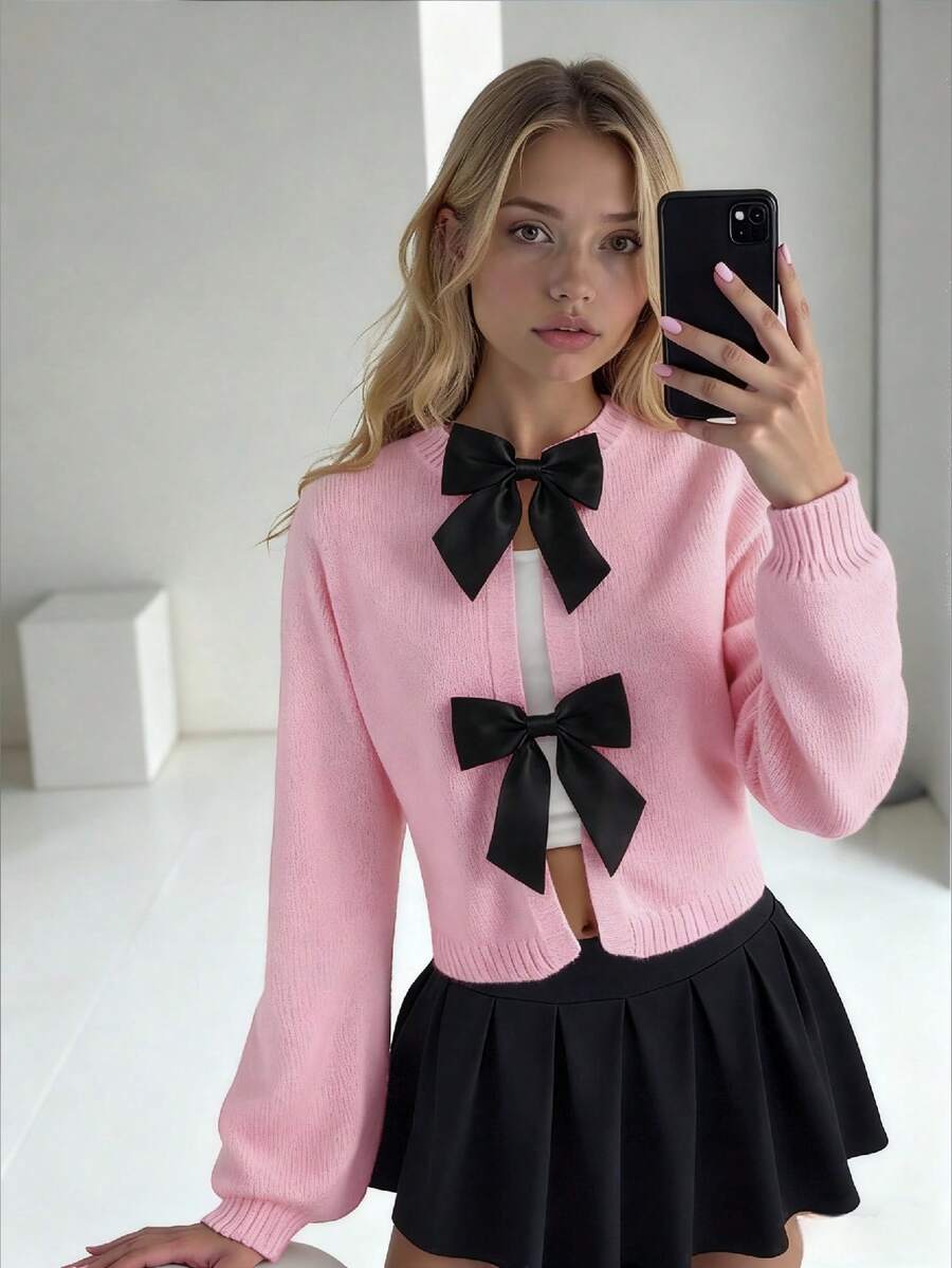 SHEIN 時尚手工蝴蝶結針織開襟衫,長袖少女粉色針織毛衣,粉色蝴蝶結針織上衣,女孩蝴蝶結開襟衫,幼兒女童蝴蝶結針織毛衣,女孩蝴蝶結毛衣,可愛開襟衫,女童毛衣,開襟衫,少女開襟衫,鈕扣女童 S 春秋套裝,女童毛衣外套,少女開襟衫,小女孩開襟衫,少女開襟衫,鈕扣兒童開襟衫 - 粉色 - 查看 1