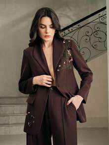 Anewsta 女士优雅通勤两件套西装，棕色，刺绣串珠花卉装饰，外套+裤子，秋冬款 - 咖啡棕 - 查看 5