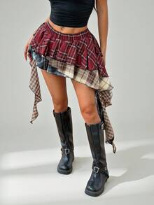 SHEIN PETITE 不对称格子拼布百褶裙，节日气氛，圣诞节和新年红色格子拼布 - 彩色 - 查看 5