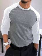 Manfinity Homme เสื้อยืดลำลองแขนแร็กแลน คอกลม สีตัดกันสำหรับผู้ชาย