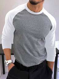 Manfinity Homme Men's Contrast Color Round Neck Raglan Sleeve Casual T-Shirt Mens Long Sleeve Shirt Mens Long Sleeve Summer T-Shirts Men Baseball Shirt Baseball Tee White And Grey Shirt Men