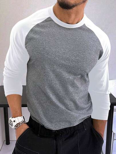 Manfinity Homme Men's Contrast Color Round Neck Raglan Sleeve Casual T-Shirt Mens Long Sleeve Shirt Mens Long Sleeve Summer T-Shirts Men Baseball Shirt Baseball Tee White And Grey Shirt Men