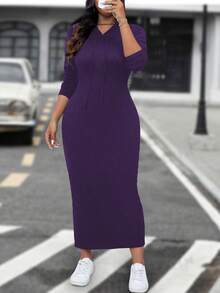 SHEIN LUNE Plus Size Solid Color Long Sleeve Casual Slim Long Dress Maxi Women Outfit - Purple - View 5
