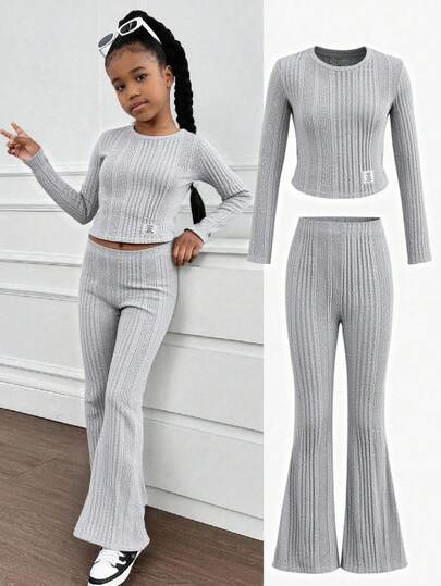 Tween Girl Loose Casual Mandarin Collar Simple Comfortable Long Sleeve T-Shirt + Bell-Bottom Pants Grey 2-Piece Set