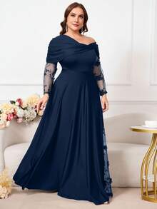 Reflora Plus Size Women Floral Embroidery Mesh Patchwork Asymmetrical Shoulder Elegant Dress - Navy Blue - View 8