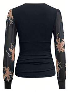 SHEIN LUNE 女式刺绣透视深V领T恤图案T恤女式上衣 - 卡其色 - 查看 2