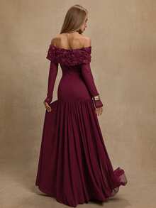 SHEIN BAE Abito da donna a maniche lunghe con spalle scoperte, in borgogna, con patchwork floreale 3D in rete, adatto per appuntamenti romantici, banchetti, eventi di compleanno, feste, occasioni formali, Ognissanti, Natale - Bordò - Visualizzare 2