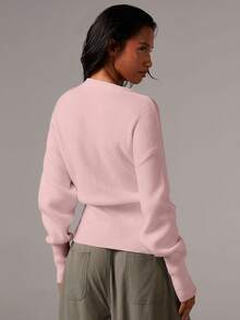 Athîral 女士优质束腰针织开衫女士开衫纽扣开衫薄款开衫V领开衫短款开衫秋冬白色开衫 - 淺粉色 - 查看 2