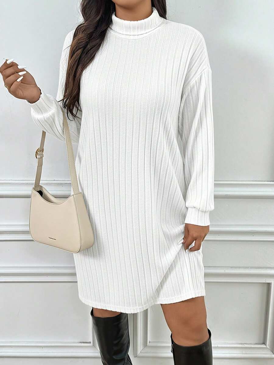 SHEIN Frenchy Plus Size Casual Solid Color Mandarin Collar Dress/Winter - White - View 1