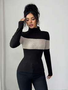 SHEIN Elenzya Camiseta de cuello alto de manga larga y ajustada con contraste de colores para mujer - Negro - Ver 5