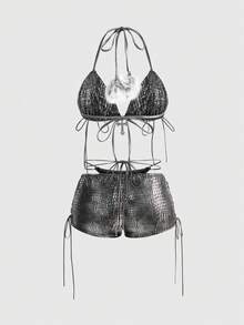 ROMWE Hippie Conjunto de bikini de dos piezas con cordones y peludo estilo Y2K para mujeres - Plateado - Ver 2