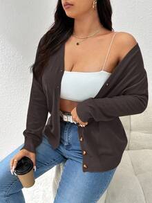 CosyJoli Plus Size Women Casual Solid Color All-Match Cardigan Brown Blouses For Women Coffee Brown Top Dark Brown Top/Winter