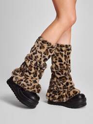 Goth 1 Pair Y2K Retro American Chic Warm Fuzzy Brown Leopard/Animal Print Flared Cuff Leg Warmers/Boot Leg Warmers, Oversized Slouchy Leg Warmers Set, Suitable For Women/Girls Daily Wear, Holiday Gift