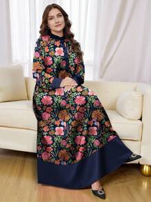 SHEIN Najma 大码女式花卉植物印花纽扣领长袖连衣裙，春秋季时尚之选 - 彩色 - 查看 1
