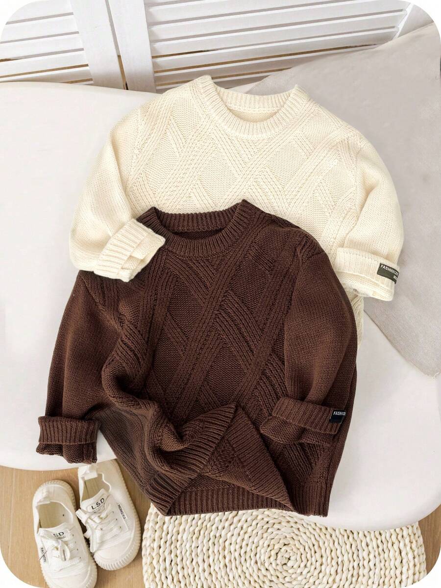 SHEIN Set de 2 suéteres sueltos con textura en marrón y caqui para niños pequeños, versátiles para uso casual, en casa y en la escuela - Multicolor - Ver 1