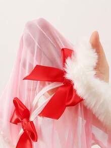 DelicateAllure Christmas Pink Bow Crotch Open Fluffy Trim Mesh Splice Contrast Color Sweet Cute Innocent Sexy Bodysuit For Women - Pink - View 7