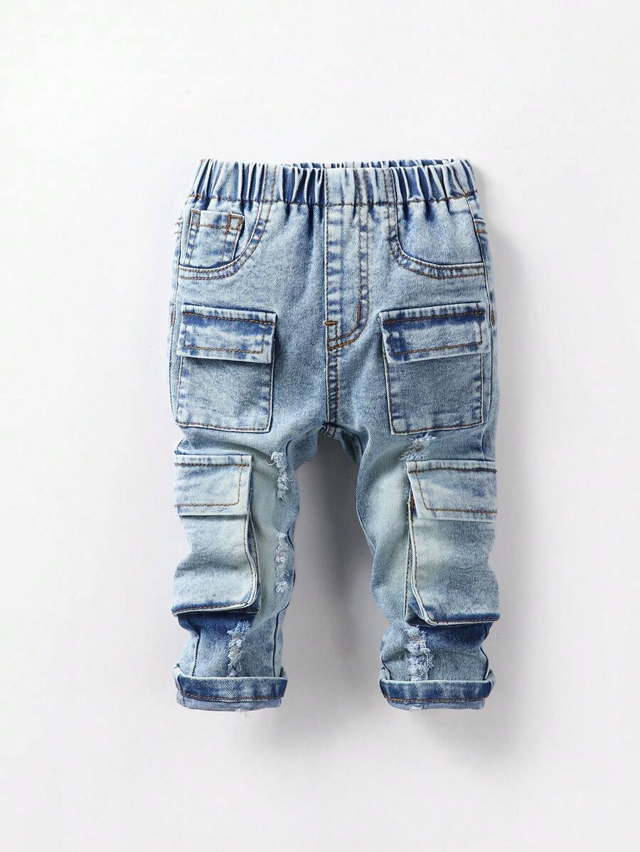 Pantalones vaqueros cargo ajustados y elásticos para bebé niño, estilo retro y elegante - Lavado ligero - Ver 1