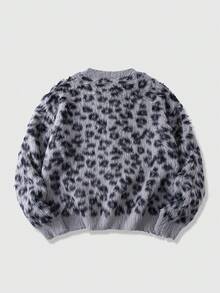 ROMWE MEN Street Life Men's Leopard Print Long Sleeve Single-Breasted  Knit Cardigan, Autumn/Winter - Grey - View 2