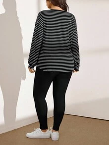 SHEIN LUNE Plus Size Fall Women Black & White Striped 2-Piece Set: Striped T-Shirt & Leggings, Casual Sports Workout Set Women Clothing Sets Airport Women Outfits Outfit Sets Two Pieces Piece Set Travel Outfit Airport