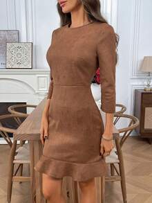 EMERY ROSE 女士纯色圆领七分袖荷叶边下摆优雅短裙 - 棕色 - 查看 4