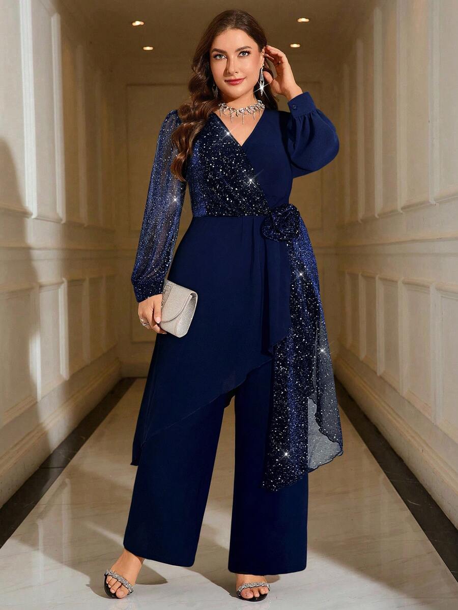 Reflora Black Patchwork Metallic Silver Pleated Contrast Design 3D Floral Decor V-Neck Long Sleeve Asymmetric Hem Top + Fitted Straight Leg Pants Plus Size Women 2 Pieces Set, Fashionable & Elegant For Party/Winter - Navy Blue - View 1