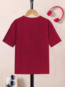 SHEIN Camiseta básica de color borgoña con estampado de lema minimalista casual para niños preadolescentes - Burdeos - Ver 2