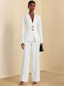 SHEIN Veneréa Damen elegantes Set aus V-Ausschnitt Langarm Top und Hose - Weiss - Übersicht 4