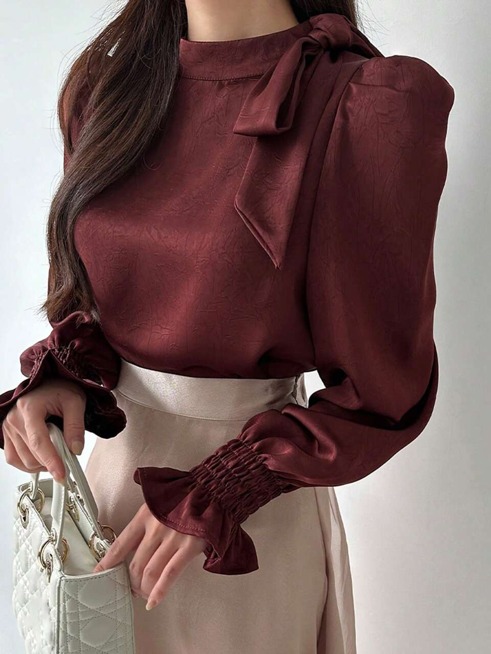 Women's French Bowknot Long Sleeve Blouse, Satin Shirt Design, Flare Sleeve, Elegant Lady Shirt For Autumn/Winter