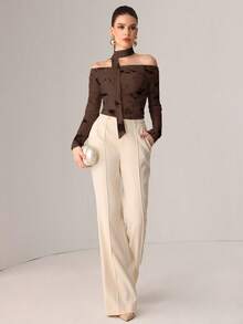 NOVVYNE 秋季针织性感透视网眼丝带印花T恤 - 棕色 - 查看 5