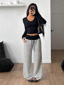 Coolane Women's Spring/Summer Boho Casual Chic Vacation Outfits Old Money Striped Cable-Knit Comfortable Black And White Loose Straight Pants - Black and White - View 5