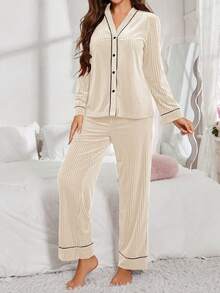 Velvet Women's Cardigan Long Sleeve Top & Pants Pajama Set, Fall & Winter Clothes - Apricot - View 6