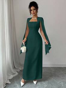 Elenzga Váy suông thẳng cổ vuông thanh lịch dành cho nữ, thắt eo, đính chuỗi ngọc trai ở cổ tay áo, thích hợp cho đám cưới, tiệc tùng, lễ hội âm nhạc - Màu xanh lá cây đậm - Xem 3