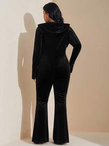 SHEIN Tall CURVE Plus Size Casual Minimalist Solid Color Velvet Slim Fit Jumpsuit For Autumn/Winter - Black - View 2