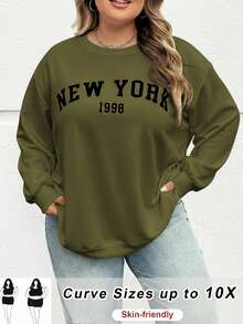 SHEIN CURVE+ 秋冬大码休闲宽松纽约图案圆领长袖女式运动衫 - 軍綠色 - 查看 4