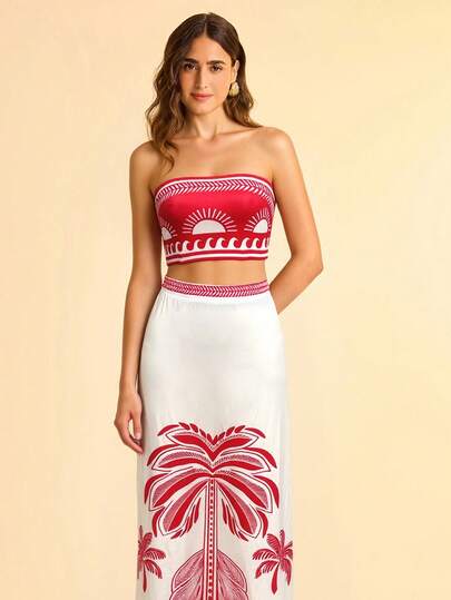 CAJUNI 红色和白色抹胸上衣和半身裙套装，热带棕榈印花，修身款