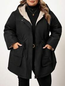 Enliva 大码女式防水长袖抓绒外套，秋冬季，适合苹果型圆臀身材 - 黑色 - 查看 3