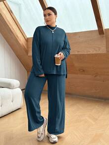SHEIN Essnce 秋季大码休闲纯色侧开叉上衣和裤子两件套 - 藍色 - 查看 3
