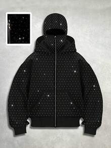 ROMWE MEN Street Life Fashionable Rhinestone Embellished Hooded Sweatshirt With Pockets, Zipper Front Sweatshirt Hoodie For Men , Fall Winter
