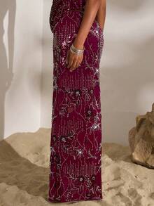 Opulessa Falda casual de unicolor con bordado de cola de pez para mujeres - Rojo violeta - Ver 1