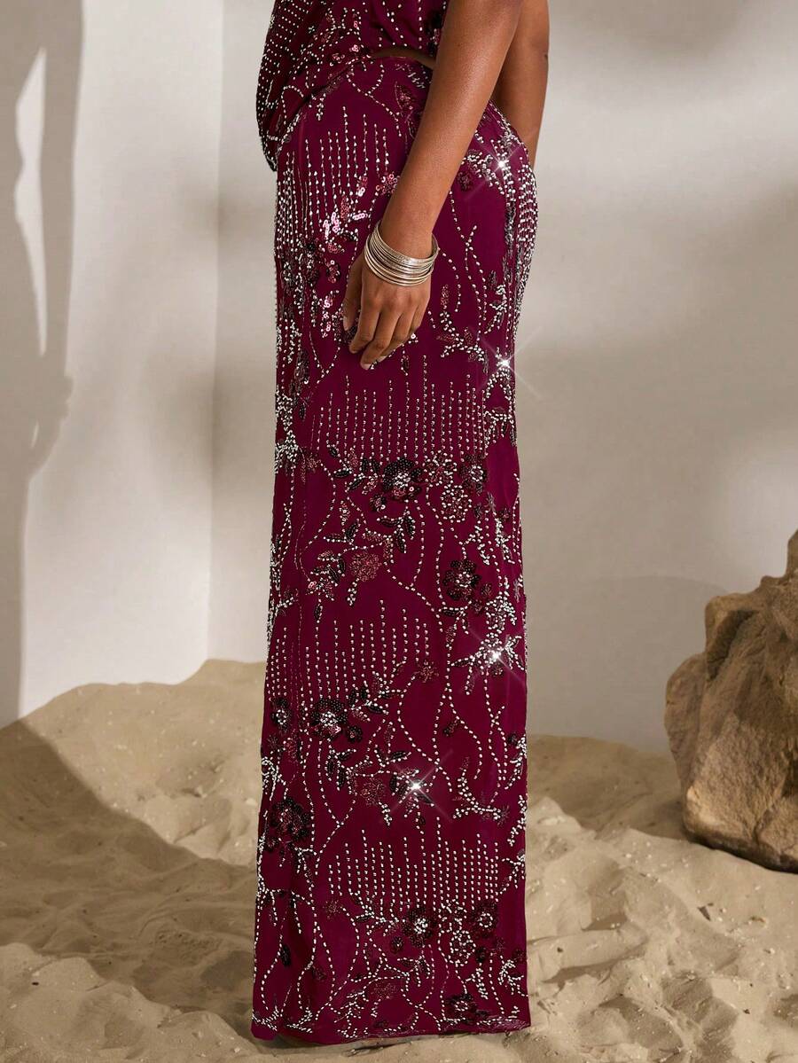 Opulessa Falda casual de unicolor con bordado de cola de pez para mujeres - Rojo violeta - Ver 1