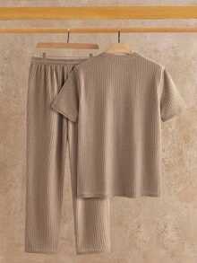 Manfinity VCAY Men's Solid Notched Neck Polo Shirt & Pants Set Casual Two Piece Set Men Apricot Men Outfit Linen Men Set Men S Co Ord Set Brown Sets For Men - Multicolor - View 4