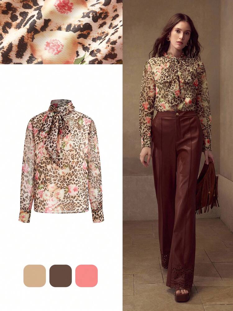 Damen Vintage Leoparden-Muster elegante Langarm Bluse, Herbst