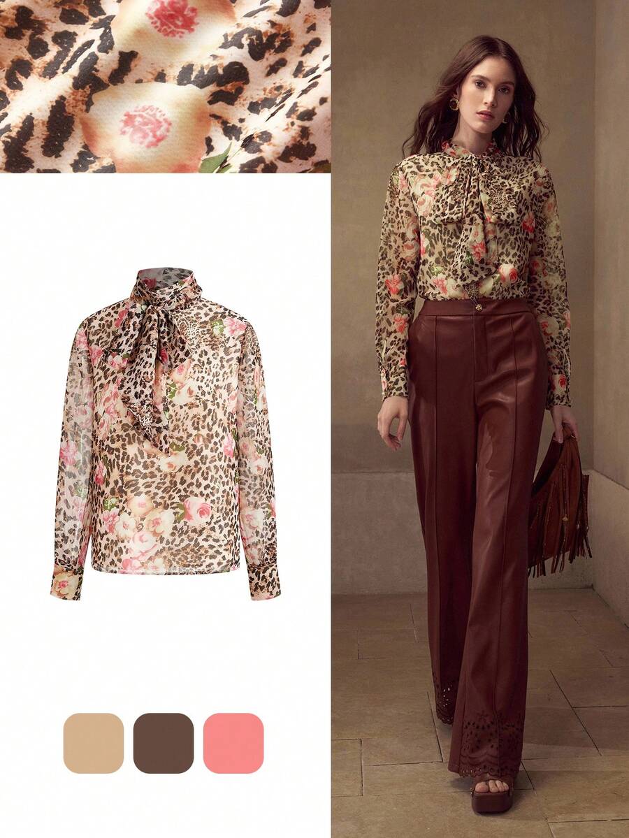 MOTF PREMIUM 女式复古豹纹优雅长袖衬衫，秋季 - 棕色 - 查看 1