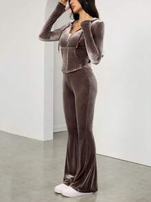 SHEIN Tall Set de 2 buc. pentru femei, top cu glugă și fermoar și pantaloni skinny de culoare solidă - Maro - Vizualizare 10