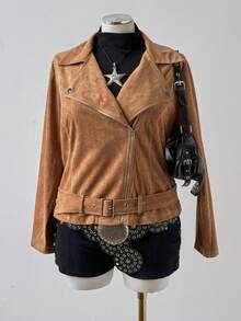Sunspun Plus Size Women Casual Retro Suede Jacket - Camel - View 4