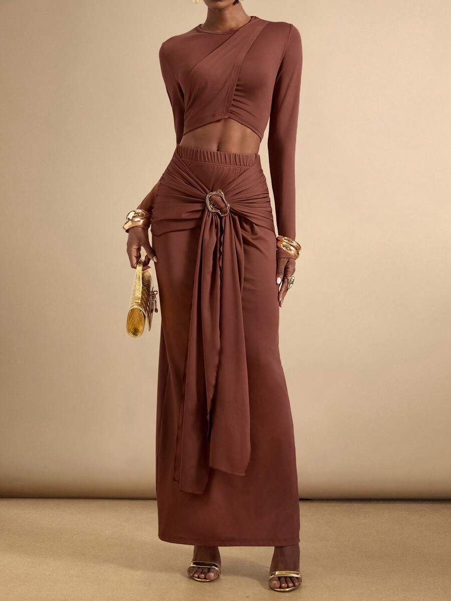 Lyxana Women's Fashion Ruched Elegant Metal 2 Pieces Set - Redwood - View 1